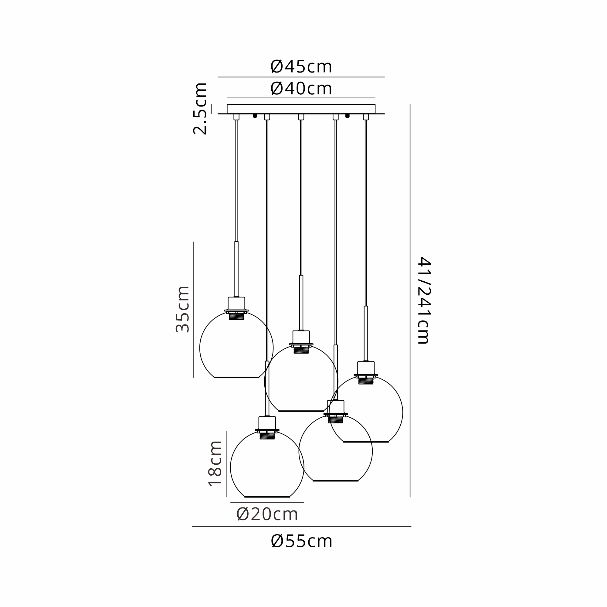 DK1381  Lori cm Round Pendant, 5 Light Adjustable E27, Satin Nickel/Opal Open Mouth Round Globe Shades